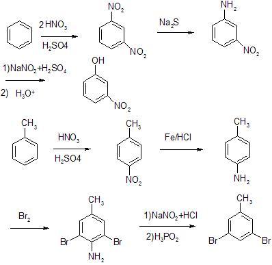 有机化学合成题.用苯活甲苯为原料分别合成间硝基苯酚和3,5-二溴甲苯.